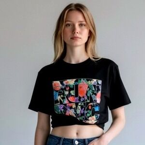 RUN DMC Black Floral Graphic Crop Top T Shirt Women's Size S